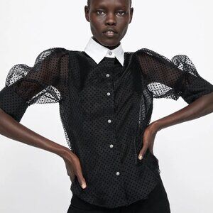 NWT! Zara DOT BLOUSE WITH CONTRASTING COLLAR in Black, Size XS.
